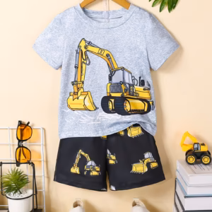 2 pieces baby boys & girls gray color excavator printed half sleeve t-shirt & black color shorts with excavator printed.