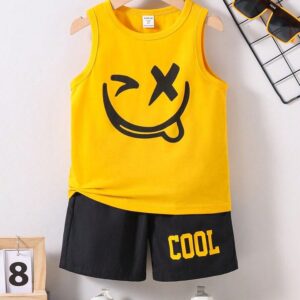 2 pieces baby boys & girls yellow color sleeveless t-shirt with expression printed & black color shorts with cool printed.