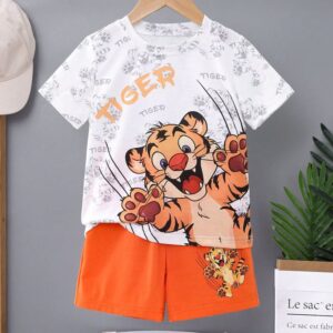 2 pieces baby boys & girls white color tiger printed half sleeve t-shirt & orange color shorts with tiger printed.