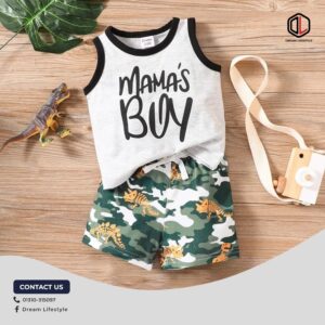 2 pieces baby boys & girls white color sleeveless t-shirt with mama`s boys printed & white color camouflage shorts.